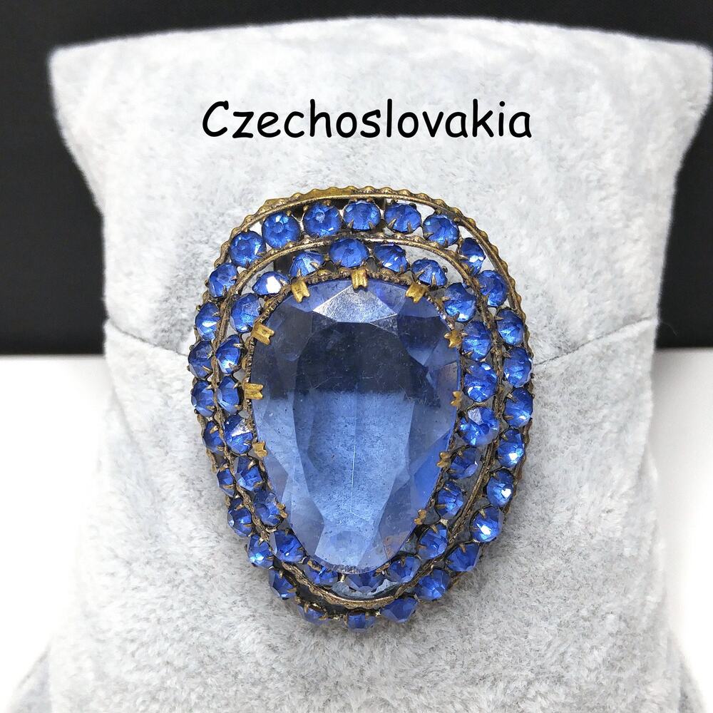 Czech Blue Glass & Rhinestone Dress Clip, 1940 Vintage Jewelry